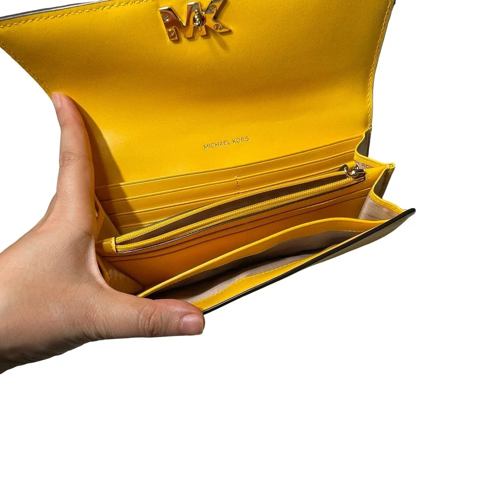 Michael Kors MK Yellow Leather Continental Wallet Gold Logo Flap - Picture 3 of 7